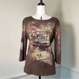 Christopher & Banks Venezia Italy Script Writing Embellished Rhinestones Top